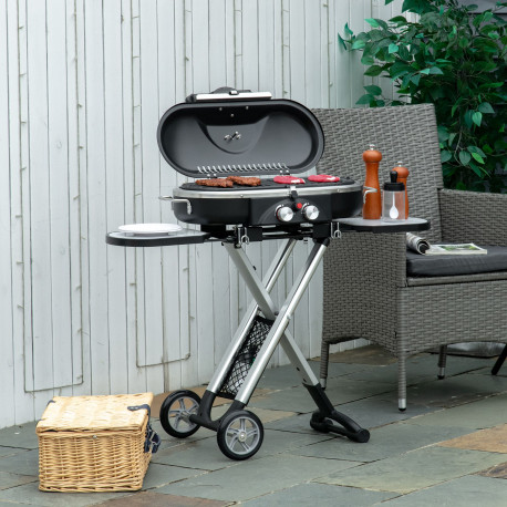 Outsunny Foldable Gas BBQ Grill 2 Burner Garden Barbecue Trolley w/ Lid Side Shelves Storage Pocket Piezo Ignition Thermometer, 