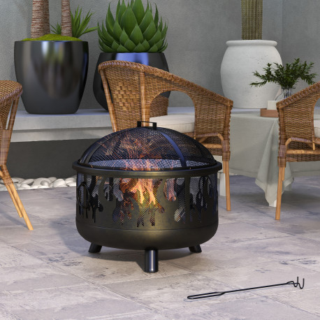 Outsunny Steel Fire Pit BBQ, with Poker - Black