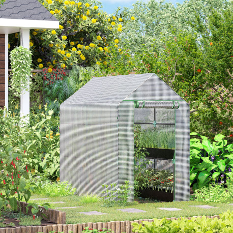 Outsunny Walk In Greenhouse with 2-Tier Shelves, Roll up Zip Panel Door, Garden Polytunnel Steeple Grow House for Outdoor, 6 x 4