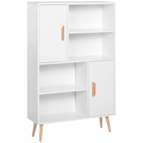 Sideboard Bookshelf Free Standing Bookcase Shelves Unit Display Storage Cabinet w/ Adjustable Shelves, Wooden Leg, Two Doors, Wh