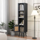 Freestanding Slim Cabinet with Rattan Door and Solid Wood Legs