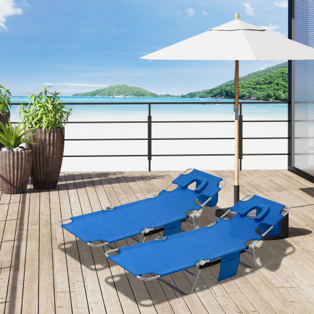 Outsunny 2 Pieces Foldable Sun Lounger with Reading Hole, Portable Sun Lounger with 5 Level Adjustable Backrest, Reclining Loung