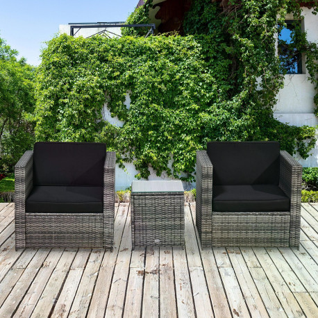 Outsunny 3 Pieces Rattan Bistro Set, Wicker Garden Furniture Set with Glass Top Coffee Table and Chairs, Thickened Washable Cush