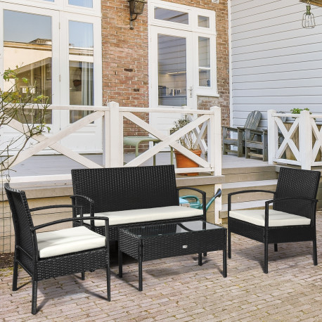 Outsunny 4 Pieces Outdoor PE Rattan Corner Sofa with Cushions, Rattan Garden Furniture Conservatory Sofa Set with Armchairs, Lov