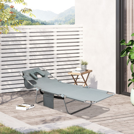Outsunny Foldable Sun Lounger, Beach Chaise Lounge with Reading Hole, Arm Slots, 5-Position Adjustable Backrest, Side Pocket, Pi