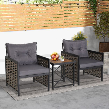 3 Pieces Patio Rattan Bistro Set with Acacia Wood Tabletop