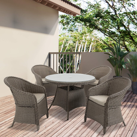 Outsunny 4 Seater Rattan Garden Furniture Set with Cushions, Round PE Rattan Dining Set with Glass-Top Table, Umbrella Hole, Out