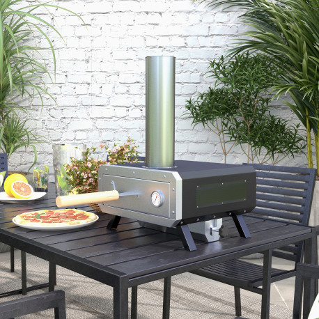 Outsunny Portable Wood Pellet Pizza Oven with 12" / 30cm Rotating Pizza Stone, Peel and Cover, Wood Fired Pizza Maker with Therm