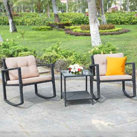 3 Pieces Outdoor Rocking Bistro Set PE Rattan with Cushions