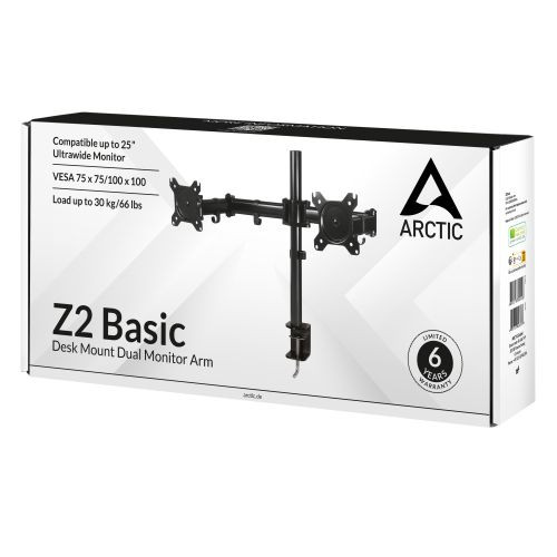 Arctic Z2 Basic Dual Monitor Arm, Up to 32" Monitors / 25" Ultrawide, 180&deg; Swivel, 360&deg; Rotation