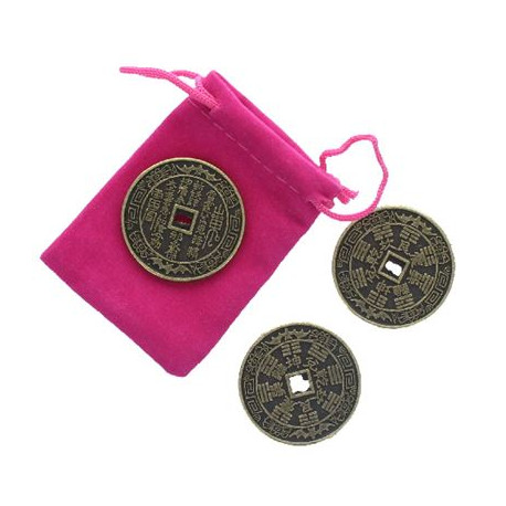 Lucky Feng Shui Chinese Coins Set of 3 in Pink Pouch