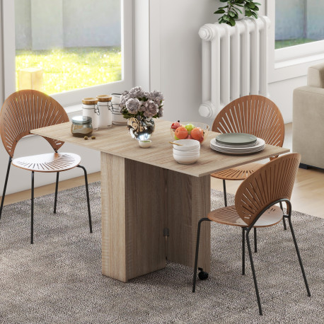 Folding Dining Table, Drop Leaf Table for Small Spaces with 2-tier Shelves, Small Kitchen Table with Rolling Casters, Natural
