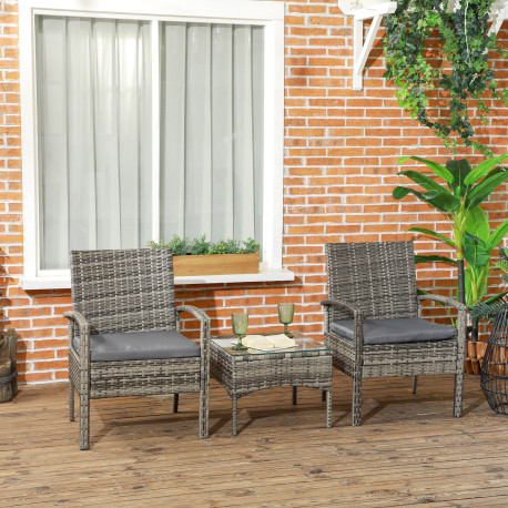 Outsunny 3 Pieces Rattan Bistro Set, Wicker Garden Furniture Set with Glass Top Coffee Table and Chairs, Washable Cushions for O