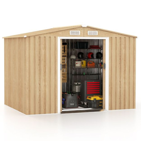 Outdoor Storage Shed with Tilted Roof, 4 Air Vents, Lockable Sliding Doors and Built-in Ramp