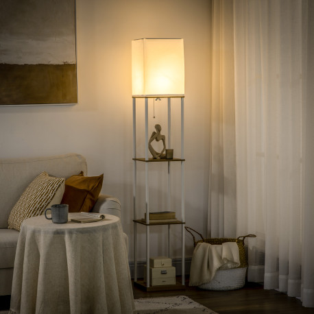 Modern Floor Lamp with Shelves, 3 Layer Shelf Tall Standing Lamp with Fabric Lampshade, Pull Chain Switch for Living Room, Bedro