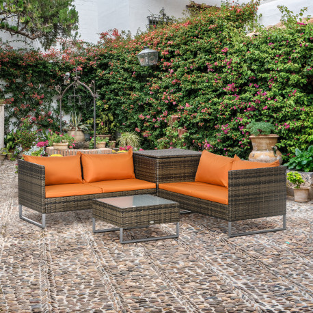 Outsunny Four-Piece Rattan Sofa Set, with Storage Table - Orange/Brown