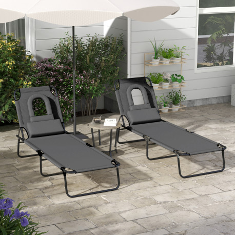 Outsunny Outdoor Foldable Sun Lounger Set of 2, 4 Level Adjustable Backrest Reclining Sun Lounger Chair with Pillow and Reading 