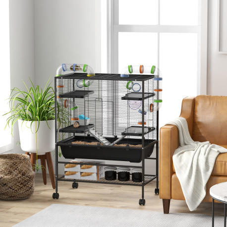 PawHut Large Hamster Cage, Gerbil Cage with Tubes, Storage Shelf, Ramps, Platforms, Running Wheel - Black