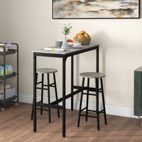 3 Piece Bar Table Set with 2 Stools, Industrial Bar Table and Stool Set, Dining Table and Chair Set, Grey