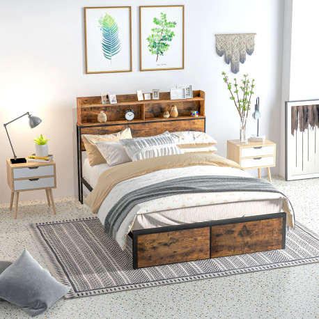 Industrial Double Bed Frame, 4.8FT Steel Bed Base with Storage Headboard, Footboard, Slatted Support and Under Bed Storage, 145 