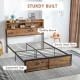 Industrial Double Bed Frame, 4.8FT Steel Bed Base with Storage Headboard, Footboard, Slatted Support and Under Bed Storage, 145 