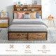Industrial Double Bed Frame, 4.8FT Steel Bed Base with Storage Headboard, Footboard, Slatted Support and Under Bed Storage, 145 