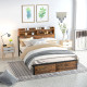 Industrial King Bed Frame, 5.2FT Steel Bed Base with Storage Headboard, Footboard, Slatted Support and Under Bed Storage, 158 x 