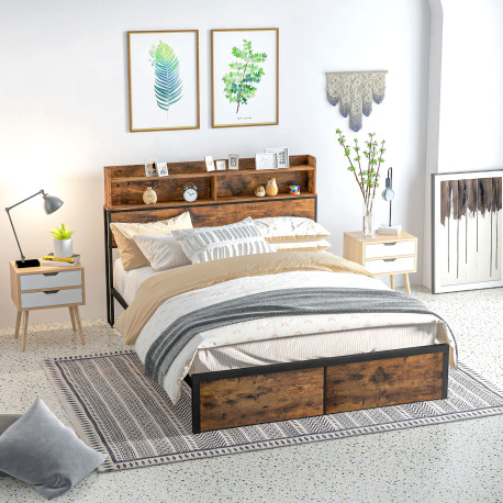 Industrial King Bed Frame, 5.2FT Steel Bed Base with Storage Headboard, Footboard, Slatted Support and Under Bed Storage, 158 x 