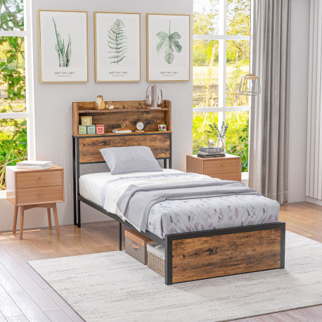 Industrial Single Bed Frame, 3.1FT Steel Bed Base with Storage Headboard, Footboard, Slatted Support and Under Bed Storage, 95 x