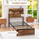 Industrial Single Bed Frame, 3.1FT Steel Bed Base with Storage Headboard, Footboard, Slatted Support and Under Bed Storage, 95 x