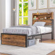 Industrial Single Bed Frame, 3.1FT Steel Bed Base with Storage Headboard, Footboard, Slatted Support and Under Bed Storage, 95 x