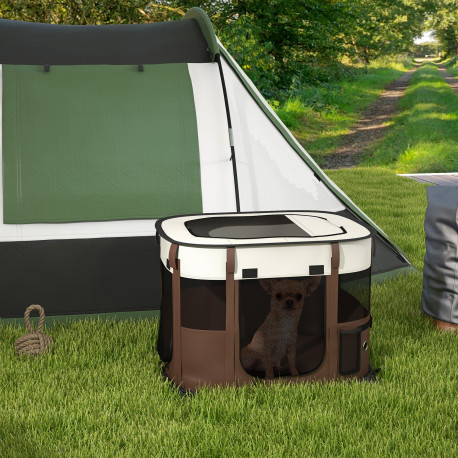 PawHut Foldable Dog Pen with Storage Bag for Indoor/Outdoor Use, Portable Pet playpen, with Ground Stakes - Brown