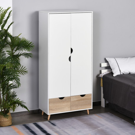 2-Door Clothes Wardrobe w/ Rail Shelf 2 Drawers Wood Feet Elegant Home Storage Organisation Furniture Dresses Coats Blankets Sho