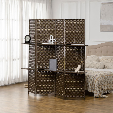 4-Panel Room Dividers with Shelves, Wave Fibre Freestanding Folding Privacy Screen Panels, Partition Wall Divider for Indoor Bed