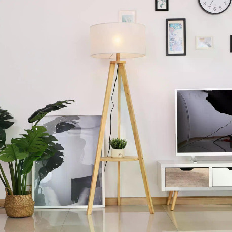 Free Standing Tripod Floor Lamp Bedside Light Reading Light with Storage Shelf Linen Shade for Living Room Bedroom, 154cm, Cream