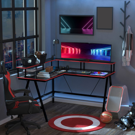 L Shaped Gaming Desk, Corner Computer Desk with Monitor Stand for Home Office, 140 x 130 x 93cm, Black and Red