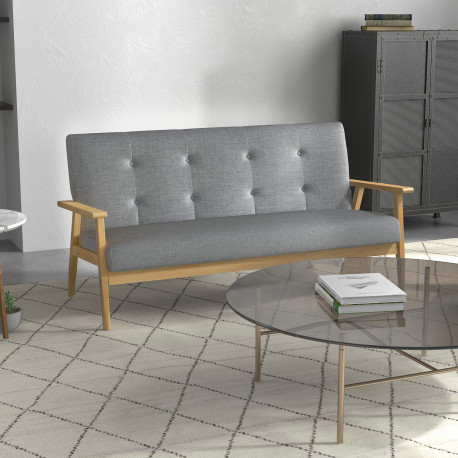 3 Seater Sofa Modern Linen Fabric Upholstery Tufted Couch with Rubberwood Legs for Living Room and Kitchen, Dark Grey