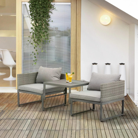 Outsunny 3-in-1 Rattan Bistro Set, Wicker Garden Furniture Set with 2-level Rising Table, Adjustable 3-seater Sofa Lounger with 