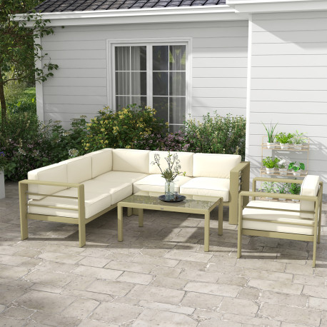 Outsunny 5-Piece Garden Sofa Set with Cushions, Aluminium Garden Furniture Sets with Glass Top Coffee Table, Patio Sectional Fur