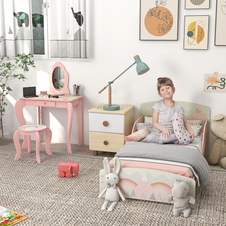 ZONEKIZ Toddler Bed Frame, Kids Dressing Table with Mirror and Stool, Cute Animal Design Kids Bedroom Furniture Set for Ages 3-6
