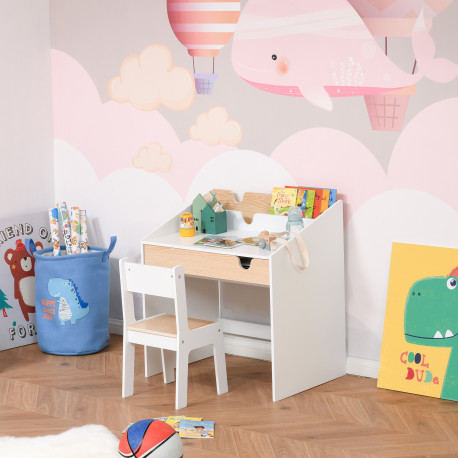 Kids Desk and Chair Set 2 Pieces Children Study Table with Storage Pull-Out Drawer Bookshelf for 3-6 Years Writing, Reading, Dra