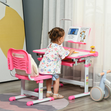Kids Study Desk and Chair Set w/ Adjustable Height, Storage, Drawer, Pink