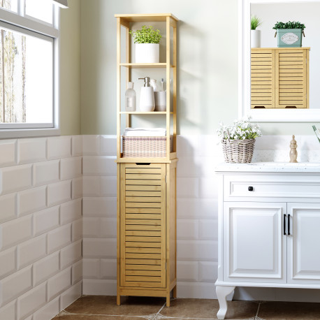 kleankin Tall Bathroom Cabinet, Slim Storage Cabinet, Tallboy Bamboo Storage Unit with 3-Tier Storage Shelves and Freestanding O