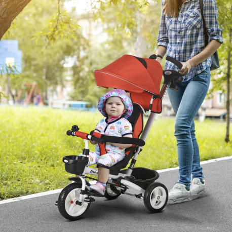 Metal Frame 6 in 1 Baby Push Tricycle with Parent Handle for 1-5 Years Old, Red