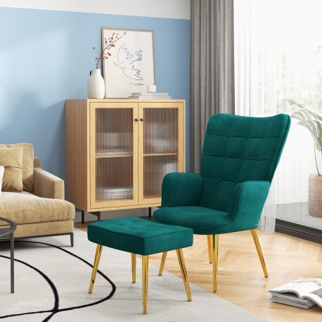 Modern Armchair with Footstool, Upholstered Accent Chair with Ottoman, Steel Legs, Velvet Wingback Chair for Living Room, Bedroo