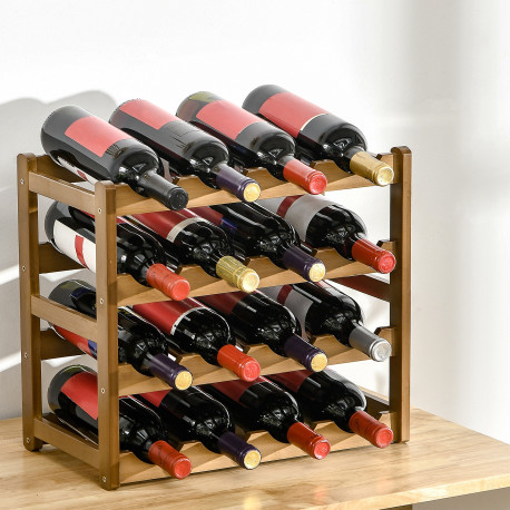 Free Standing Bamboo Wine Rack with 16 Bottles Holder, 4-tier Water Bottle Organiser, Display Shelf for Countertop, Home Bar, Br