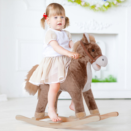 Kids Children Plush Rocking Horse Wooden Base Ride On Toy Rocker with Handle Grip Traditional Toy Fun Gift for Age 3+ (Brown & W