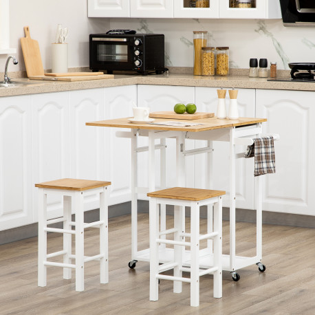 Kitchen Island Set with 2 Stools, Bamboo Breakfast Cart with Drop Leaf Top, Drawers and Towel Rack, Rolling Kitchen Cart and Cha