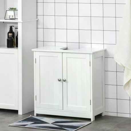 kleankin 60x60cm Under-Sink Storage Cabinet w/ Adjustable Shelf Handles Drain Hole Bathroom Cabinet Space Saver Organizer White