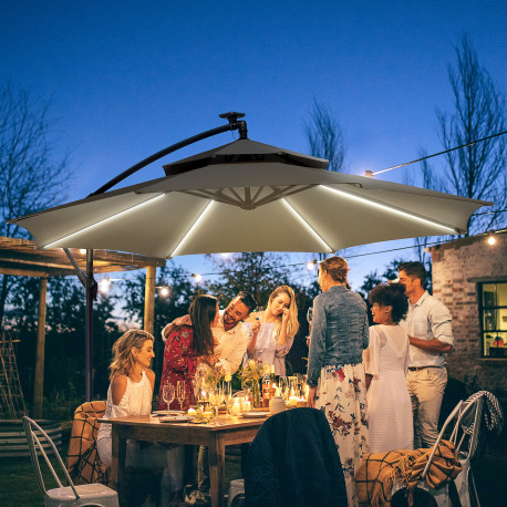Outsunny 3(m) Cantilever Banana Parasol Hanging Umbrella with Double Roof, LED Solar lights, Crank, 8 Sturdy Ribs and Cross Base